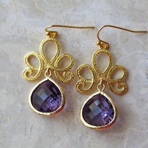 Chandelier Earrings, Purple Dangling Teardrop Earrings, Gold Filigree Dangle Earrings, Bridesmaid Gifts, Maid of Honor Gift, Wedding Jewelry