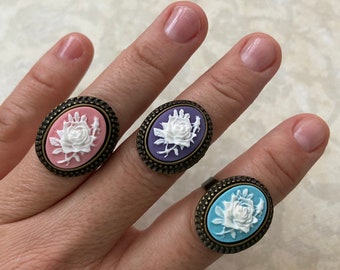 Rose Cameo Ring, Adjustable Ring, Vintage Style Cameo Ring, Pick your Color: Pink Cameo, Light Blue Cameo, Purple Cameo