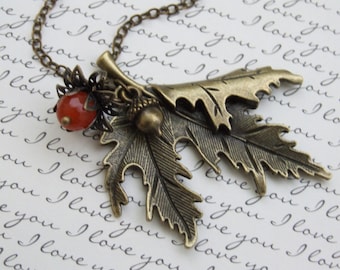 Fall Necklace, Statement Autumn Necklace, Folded Leave Long Necklace, Vintage Style Acorn Necklace, Season Jewelry