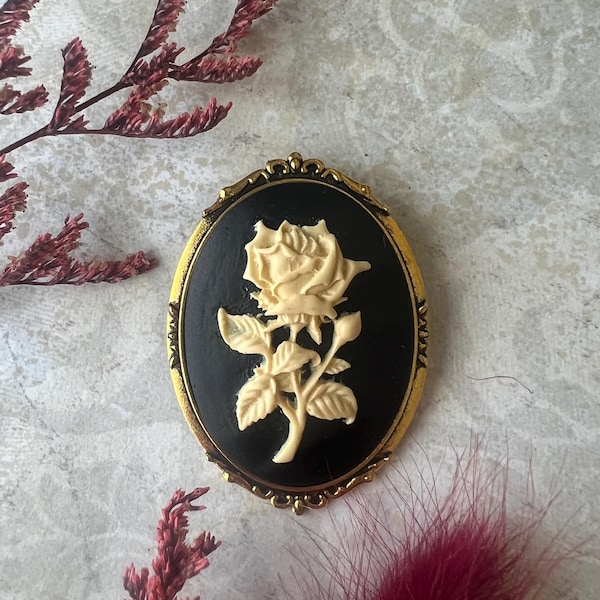 Choose Antique Silver or Antique Gold, Black Cream Rose Cameo Brooch, Vintage Style Pin, Jacket Hat Purse Pin