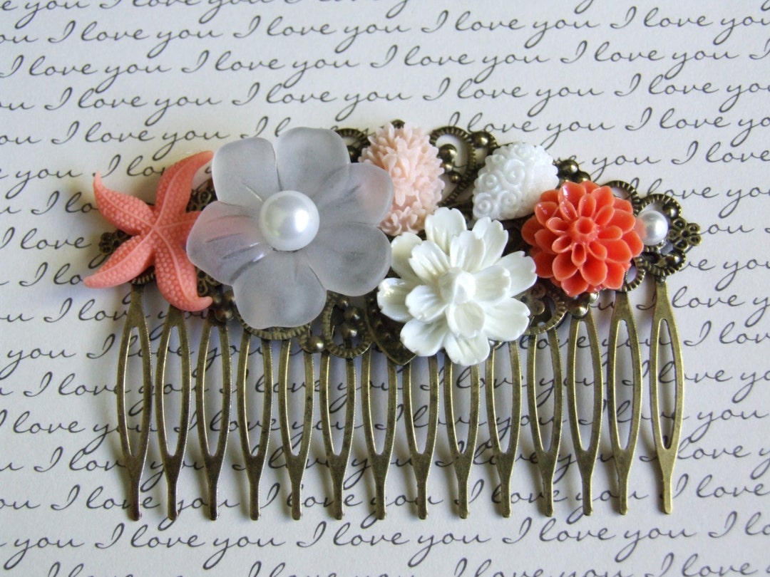 Coral White Hair Comb, Flower Hair Accessories, Wedding Bridal Floral