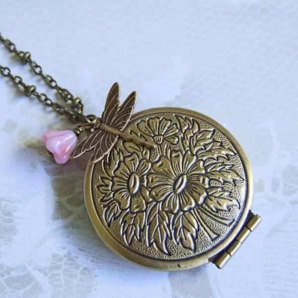 Round Flower Engraved Locket, Vintage Style Photo Locket, Dragonfly Pink Flower Charm, Keepsake, Spring Jewelry