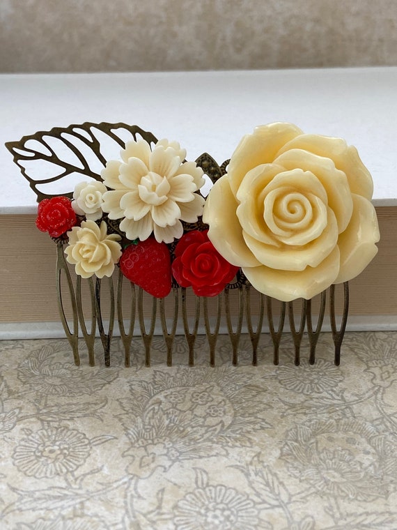 Red Yellow Cream Hair Comb, Flower Hair Comb, Floral Comb  display picture 1