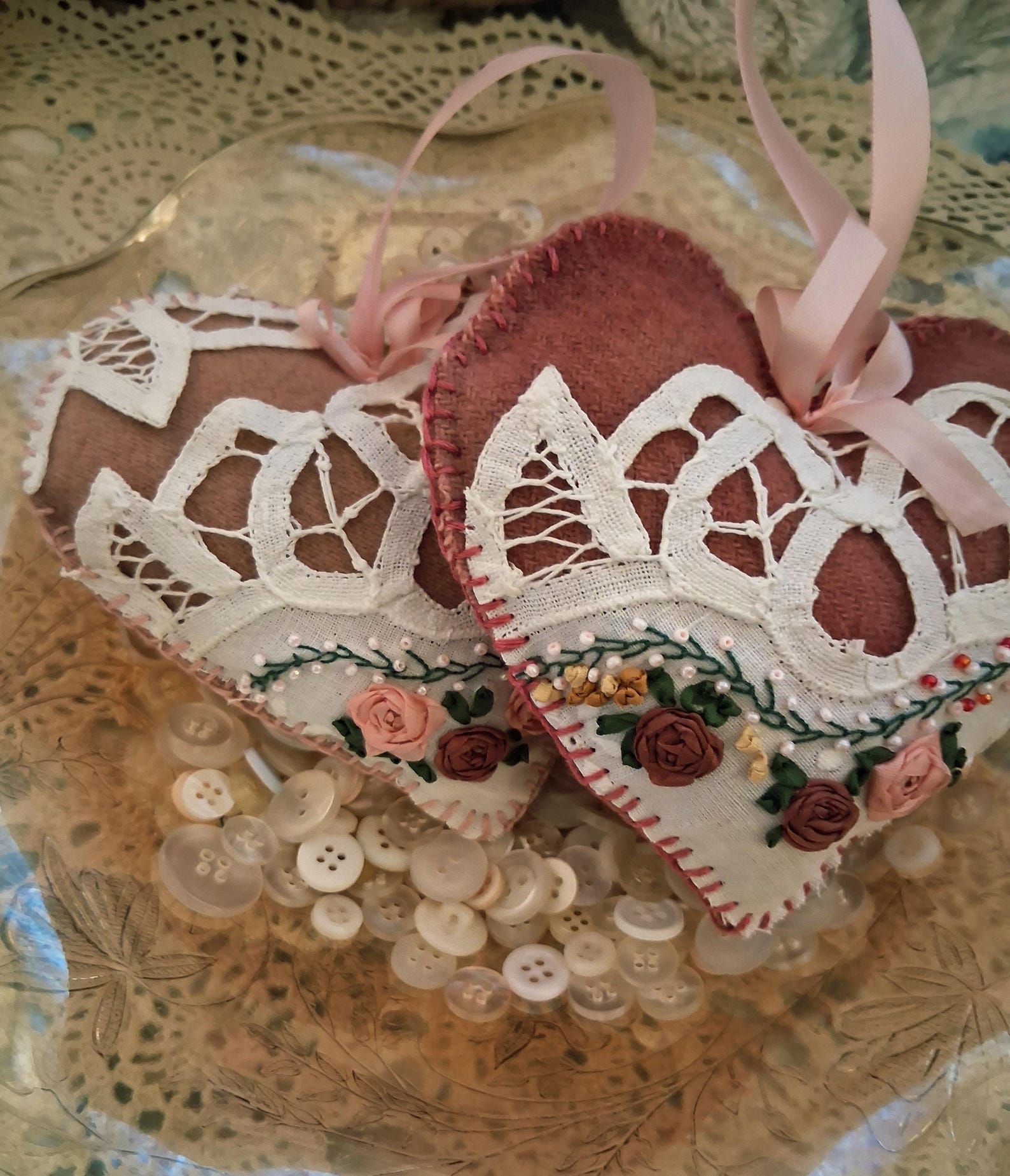 Victorian Shabby Chic Battenburg Lace Trimmed With Silk Ribbon Roses ...