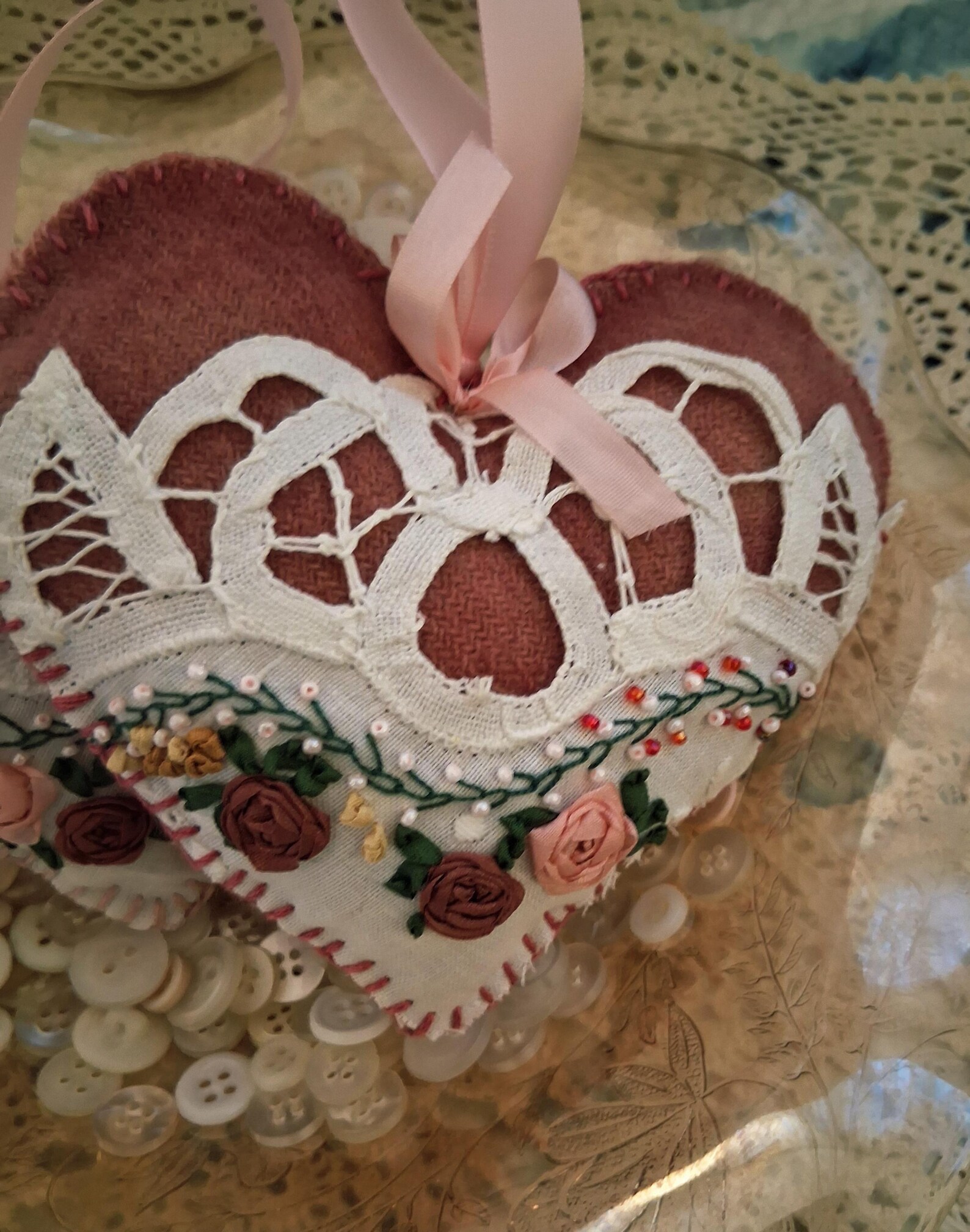Victorian Shabby Chic Battenburg Lace Trimmed With Silk Ribbon Roses ...