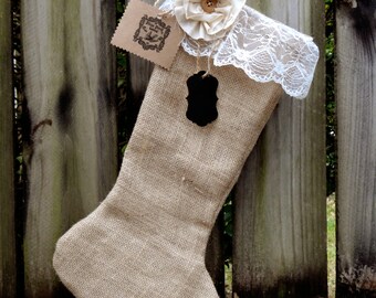 Vintage Shabby Chic Burlap and Lace Christmas Stocking
