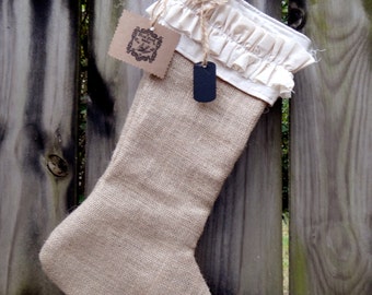 Vintage Shabby Chic Burlap Christmas Stocking