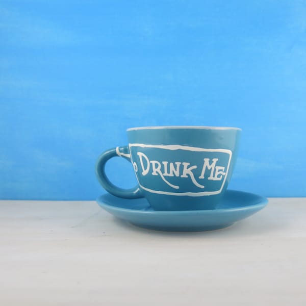 Alice in Wonderland drink me blue/red teacup with saucer