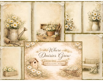 Kit de diario creativo Daisies Junk Journal – 20 páginas con papeles y elementos decorativos de estilo vintage cottagecore (descarga digital)