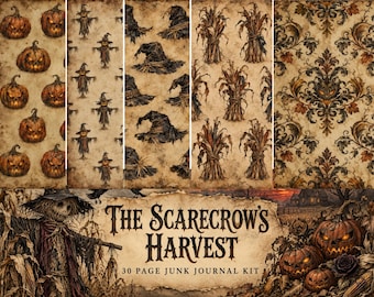The Scarecrow’s Harvest Junk Journal Kit, Gothic Halloween Printable, 30 Digital Pages