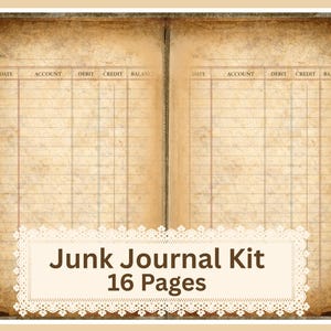Op de afbeelding: Open journaalpagina's met een vintage esthetiek. De pagina's zijn verouderd met een rasterindeling voor boekhoudkundige invoer. De tekst "Junk Journal Kit 16 Pages" wordt weergegeven op een decoratief label.