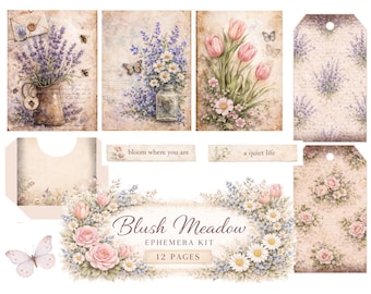 Blush Meadow Ephemera Kit | Vintage Floral Junk Journal Pages (12 Pages)