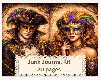 Golden Masquerade Junk Journal Kit  20 Printable Vintage Carnival Pages  Mardi Gras