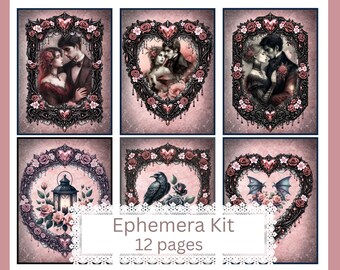 Gothic Romance Ephemera Kit – Printable Junk Journal Pages, Valentine Tags, Pockets (Digital Download)