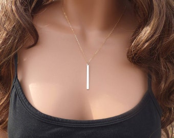 Vertical Gold Bar Necklace, 14kt Gold Filled, Long Skinny Bar Jewelry, Modern Minimalist, Simple Everyday Necklace