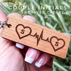 Personalized Couples Keychain Custom Key Ring Initials, Heartbeat with Double Hearts Keychain, Engraved Cherry Wood Gifts for Women