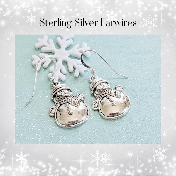 Snowman Earrings, Stocking Stuffers for Women, Girls, Cheap Gift Idea, Winter Jewelry, Sterling Ear Wires, Antique Silver Snowman Dangling