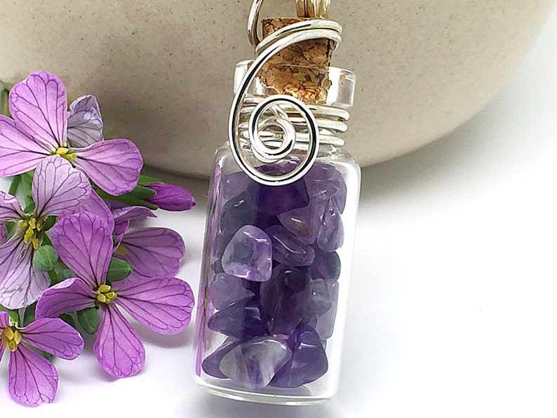 Natural Amethyst Jewelry Glass Jar Necklace Wire Wrapped Glass Bottle Sterling Silver Healing Crystals Amethyst Necklace Gem Pendant