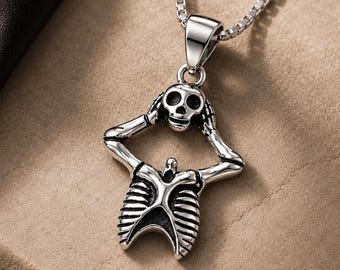 Sterling Silver Skeleton Necklace, Skull Pendant, Gothic Gift for Her