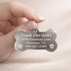 Personalized Dog ID Tag, Engraved Bone Pet Tag, Stainless Steel Dog Collar Tag, Custom Name Tag