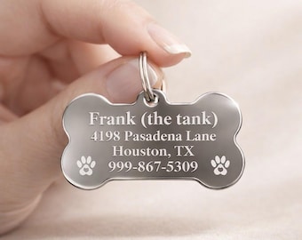 Personalized Dog ID Tag, Engraved Bone Pet Tag, Stainless Steel Dog Collar Tag, Custom Name Tag