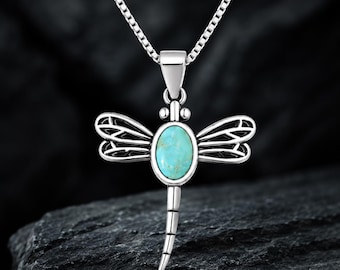 Dragonfly Necklace with Turquoise, Sterling Silver Pendant, Nature Gift for Her