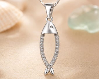 Sterling Silver Fish Necklace, CZ Fish Pendant, Beach Lover Gift