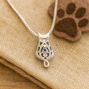Sterling Silver Cat Pendant – Ornate Cat Necklace with Box Chain, Unique Pet Jewelry Gift for Women, Cat Lover Charm with Scrollwork