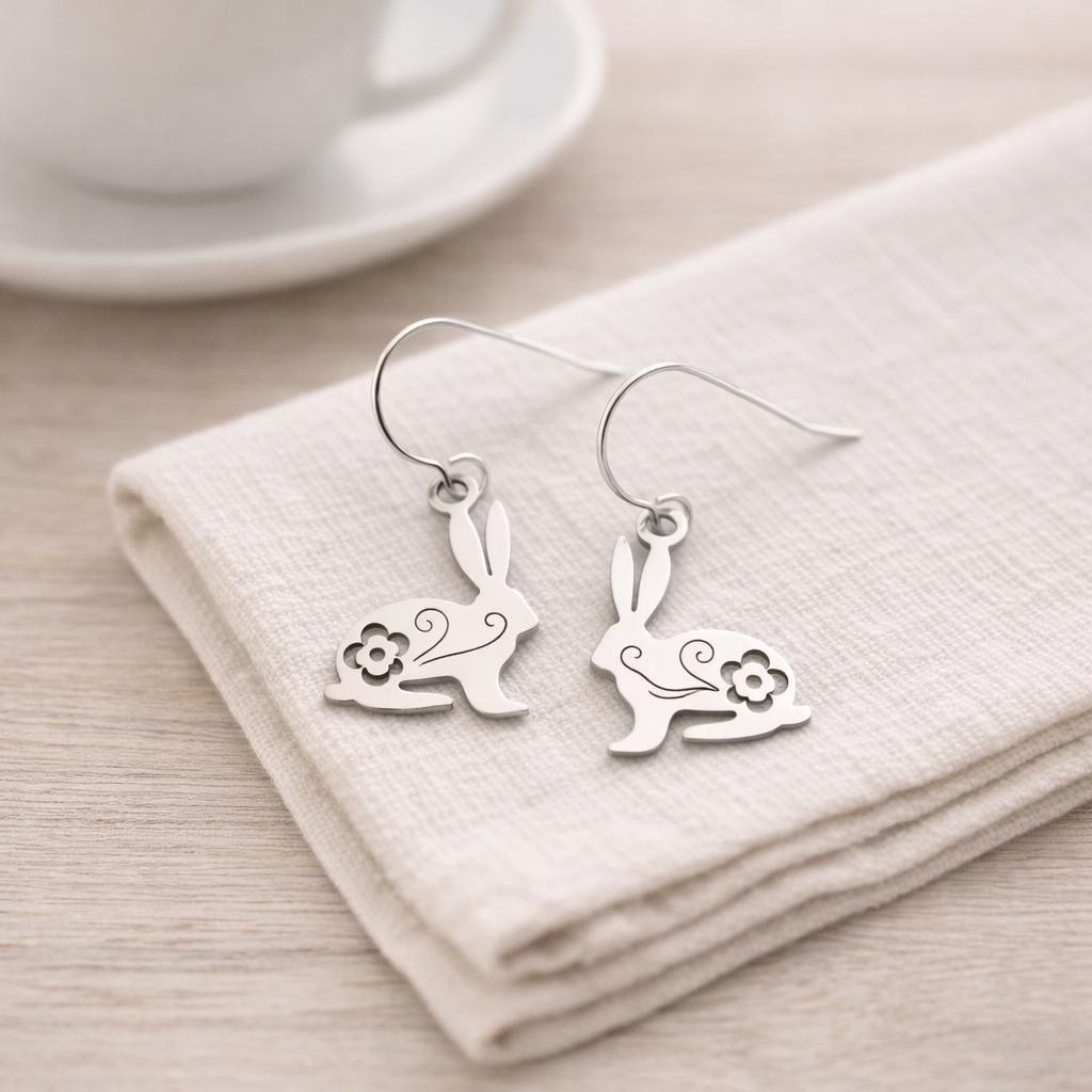 Rabbit Earring Rabbit Dangle Earrings, Bunny Charm, Floral Detail, Spring Earrings ...