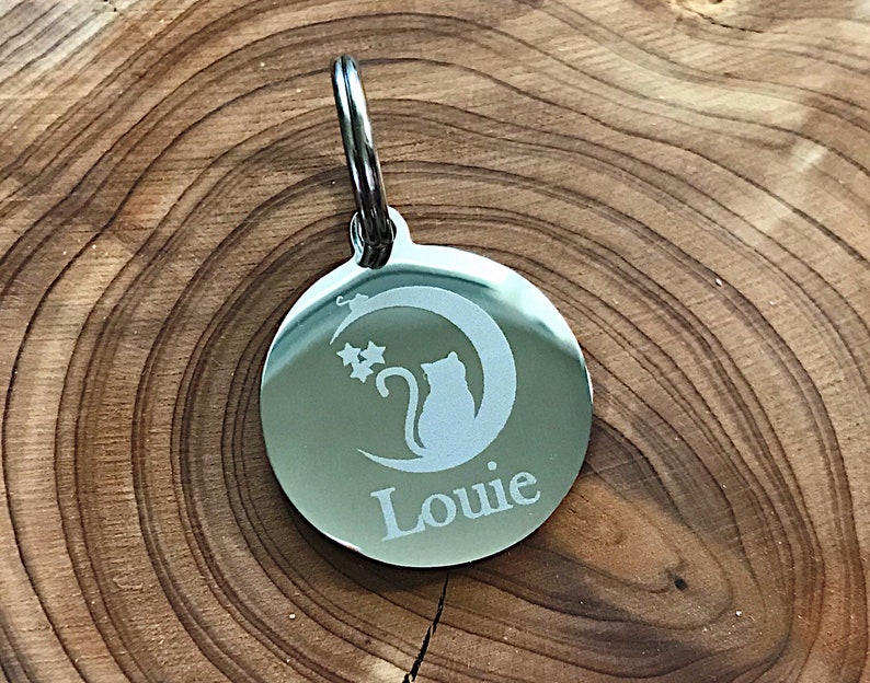 Cat ID Tag Cat and Moon Pet Identification Silver Stainless Etsy