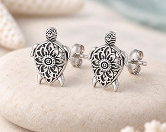 Sterling Silver Sea Turtle Stud Earrings, Small Mandala Turtle Jewelry