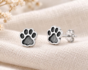 Oxidized Sterling Silver Paw Stud Earrings, 8mm Pet Print Jewelry