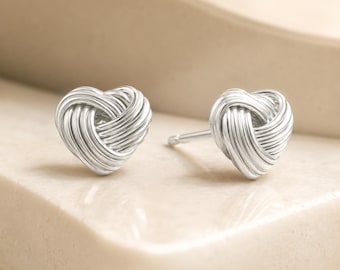 Sterling Silver Heart Knot Stud Earrings, Everyday Love Knot Jewelry, Classic Gift for Her
