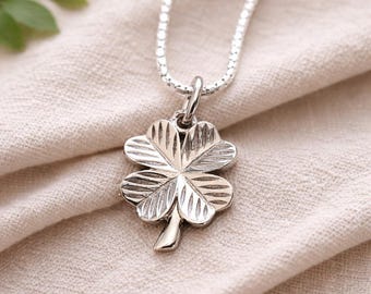 Sterling Silver Four Leaf Clover Necklace, Lucky Charm Pendant, Irish Gift