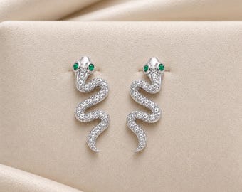 Sterling Silver Snake Earrings, CZ Snake Studs, Reptile Lover Gift