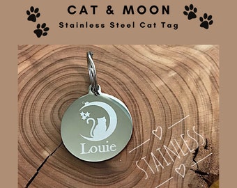Cat ID Tag, Cat and Moon Pet Identification, Silver Stainless Steel Pet Tag, Personalized Cat Tag, Kitten Tag