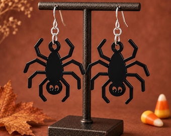 Black Spider Earrings, Halloween Acrylic Dangles with Sterling Silver Hooks