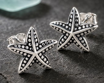 Starfish Stud Earrings in Sterling Silver, Oxidized Beach Earrings, Coastal Gift for Her