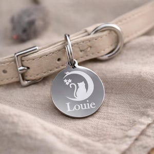 Personalized Moon Cat Stainless Steel ID Tag, Custom Pet Name Engraved Tag image 3