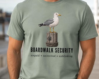 Funny Seagull Tee, Beach Bird Shirt, Coastal Boardwalk Tshirt, Men's Vacation Gift