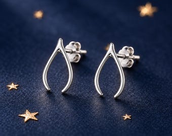 Sterling Silver Wishbone Stud Earrings, Dainty Good Luck Jewelry
