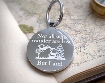 Personalized Cat ID Tag, Engraved Name & Phone, “Not All Who Wander” Round Tag