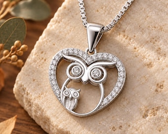Mother Baby Owl Necklace, Sterling Silver CZ Heart Pendant, Owl Jewelry Gift