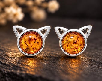 Baltic Amber Cat Stud Earrings, Petite Sterling Silver Kitty