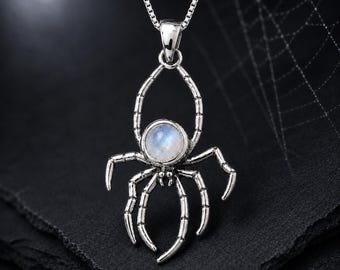 Sterling Silver Spider Necklace, Moonstone Spider Pendant, Mystical Gift for Her