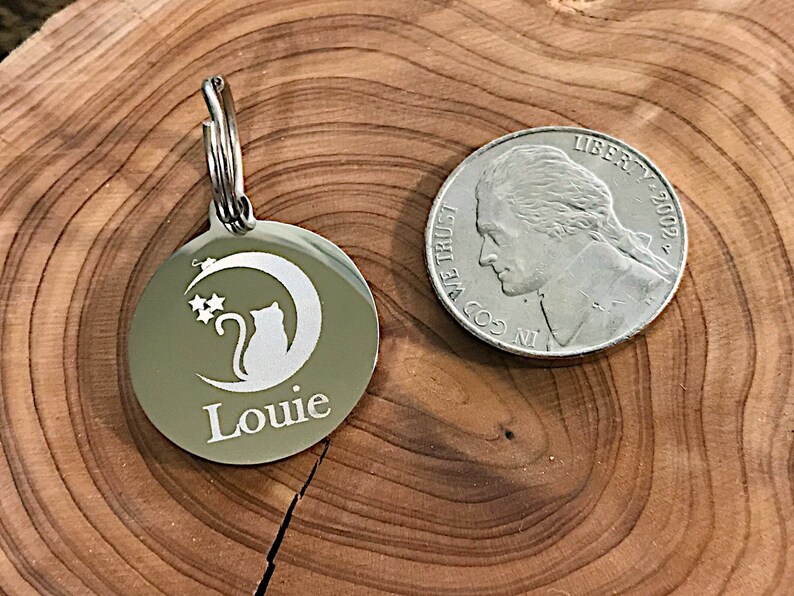 Cat ID Tag Cat and Moon Pet Identification Silver Stainless Etsy