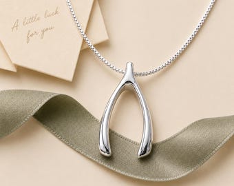 May include: A silver-toned wishbone pendant necklace on a delicate box chain. The pendant is positioned above a sage green ribbon and a small cream-colored card featuring the printed text A little luck for you in elegant cursive script.