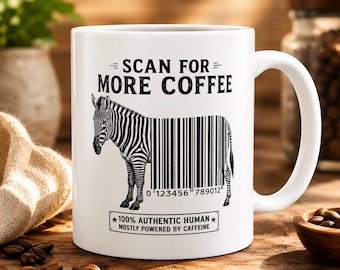 Funny Caffeine Zebra Mug, Barcode Coffee Cup, Safari Animal Mug, Coffee Lover Gift