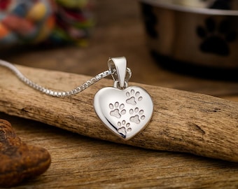 Sterling Silver Paw Print Heart Necklace, Dog Mom Gift, Cat Lover Jewelry, Memorial Keepsake