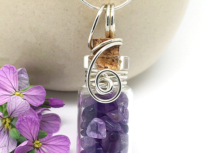 Natural Amethyst Jewelry Glass Jar Necklace Wire Wrapped Glass Bottle Sterling Silver Healing Crystals Amethyst Necklace Gem Pendant